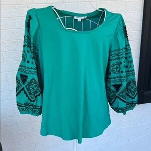 Chico's Green Puff Sleeve Blouse with Embellished Details